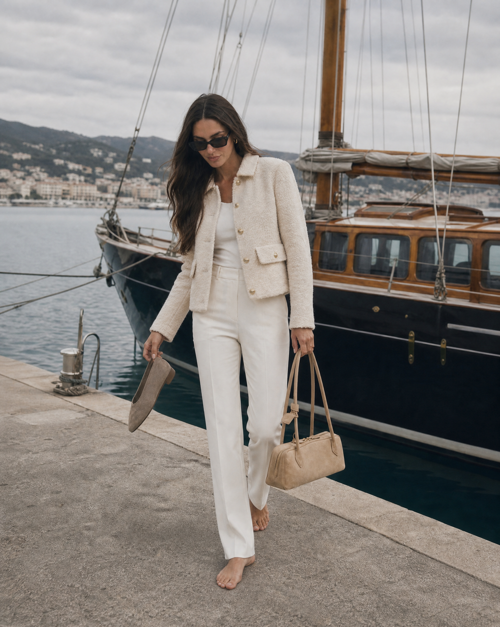 Women's Short Cream Wool Blend Bouclé Jacket
