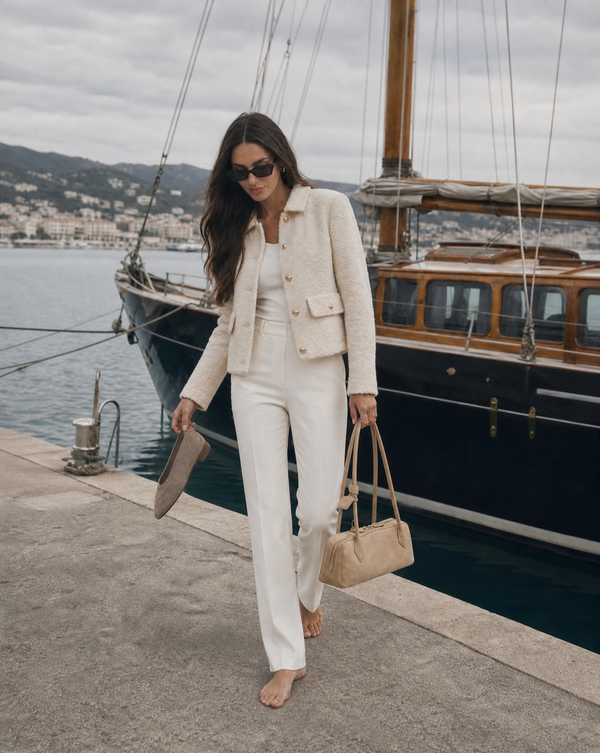 Women's Short Cream Wool Blend Bouclé Jacket