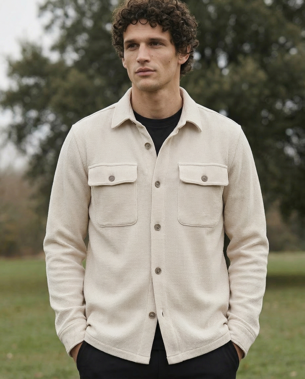 Frewin Men's Beige Waffle Overshirt Shacket