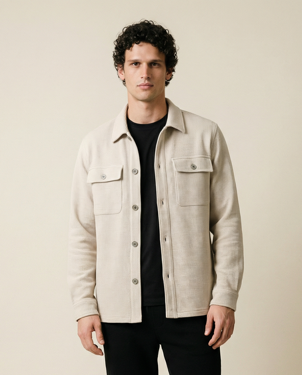 Frewin Men's Beige Waffle Overshirt Shacket