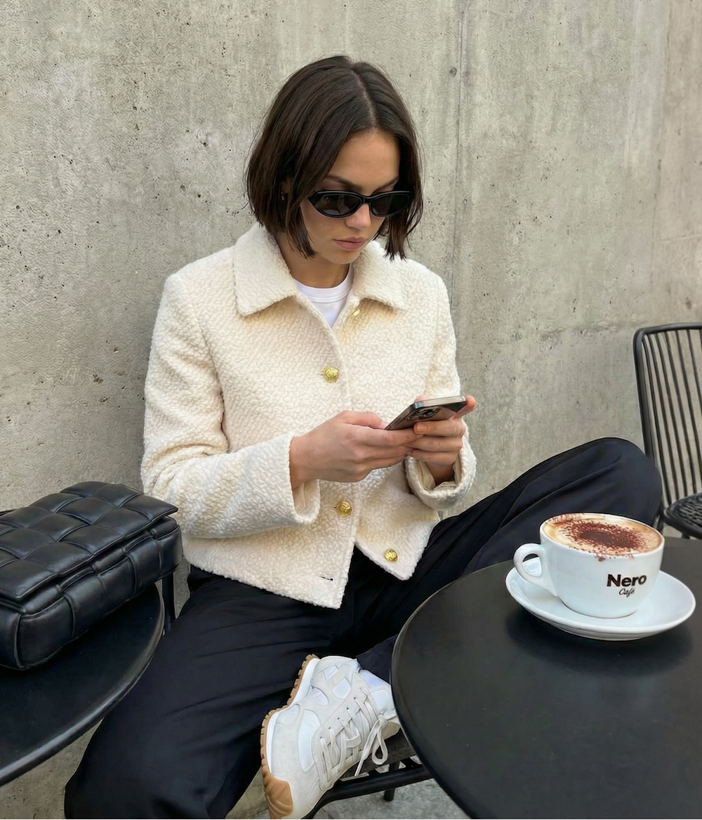 Women's Short Cream Wool Blend Bouclé Jacket