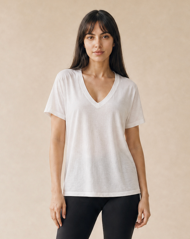 Women's White Loose Linen Blend V Necked T-Shirt