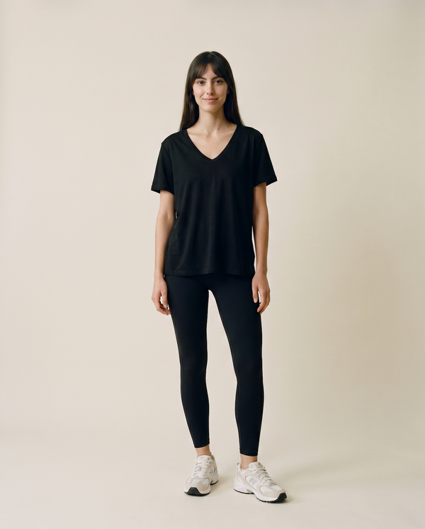 Women's Black Loose Linen Blend V Necked T-Shirt