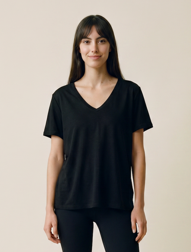 Women's Black Loose Linen Blend V Necked T-Shirt