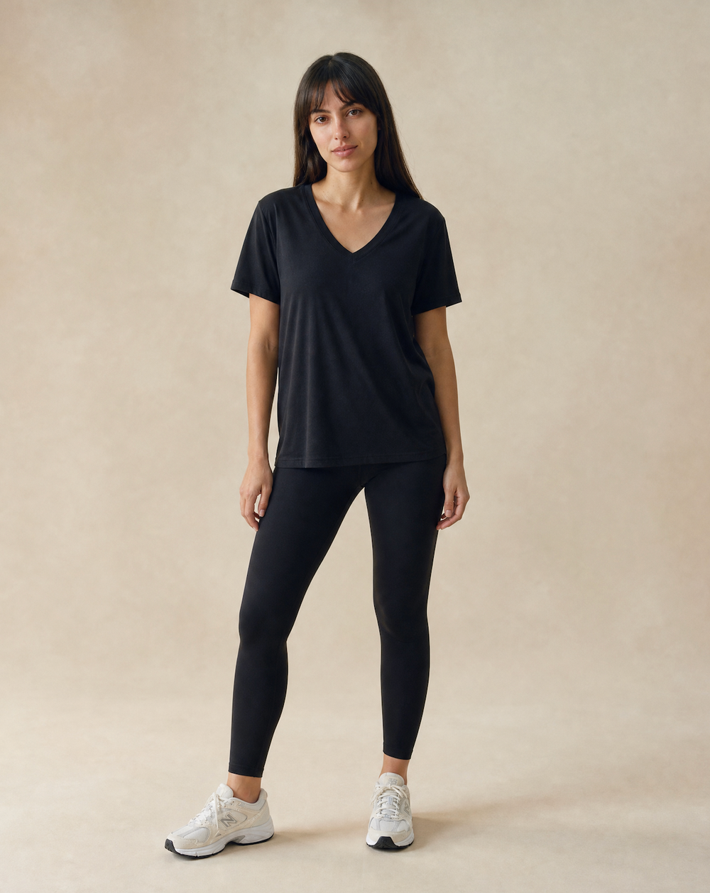 Women's Black Loose Linen Blend V Necked T-Shirt