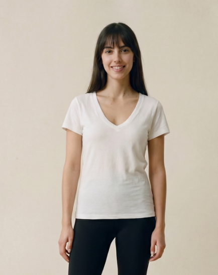 Women's White Fitted Linen Blend V Necked T-Shirt