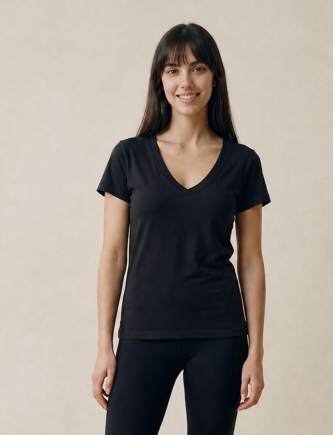 Women's Black Fitted Linen Blend V Necked T-Shirt