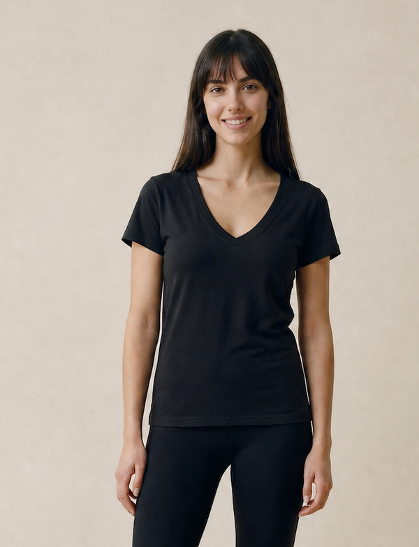 Women's Black Fitted Linen Blend V Necked T-Shirt