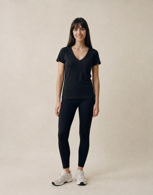 Women's Black Fitted Linen Blend V Necked T-Shirt