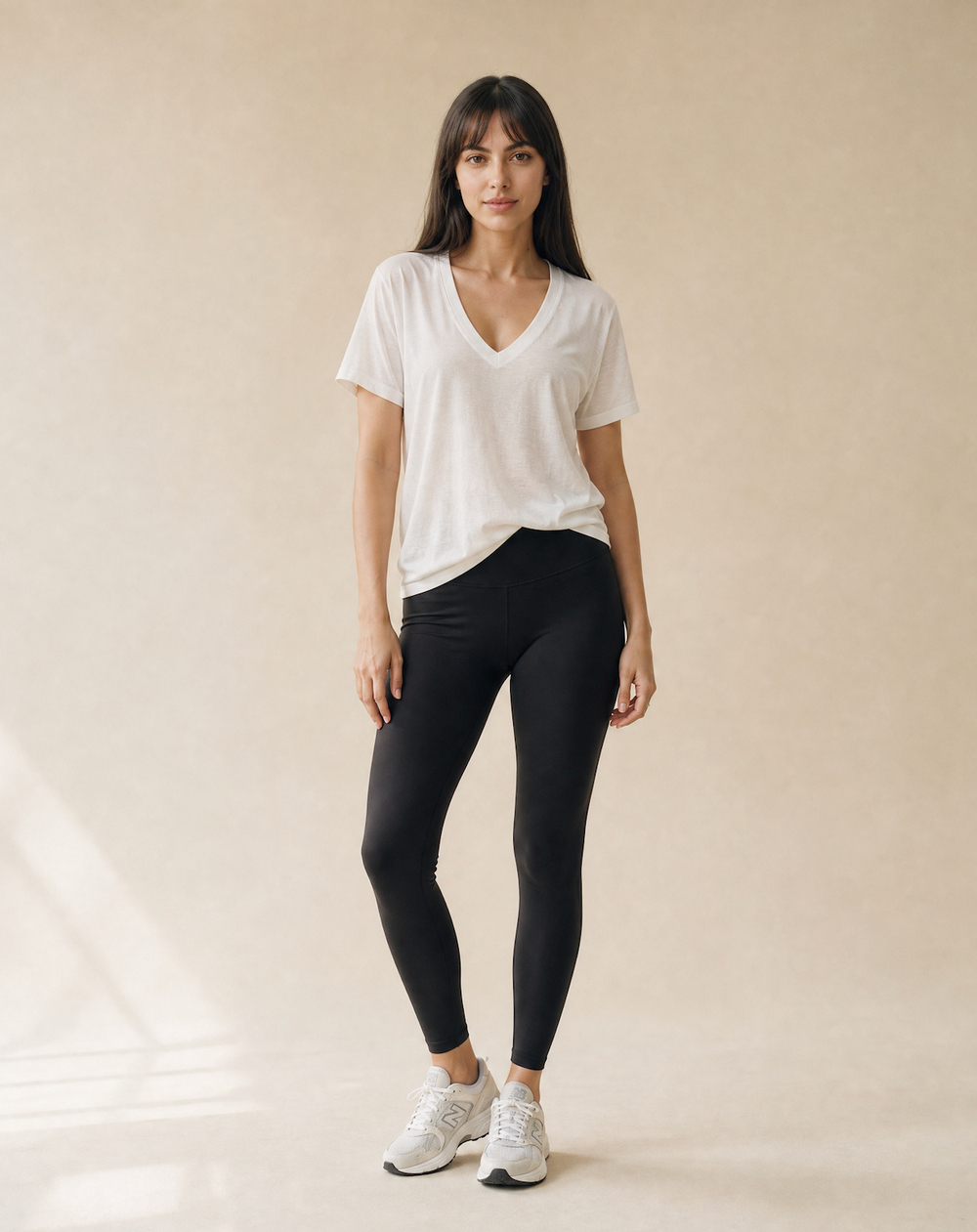 Women's White Loose Linen Blend V Necked T-Shirt