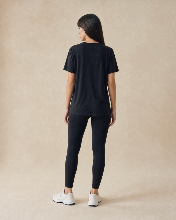 Women's Black Loose Linen Blend V Necked T-Shirt