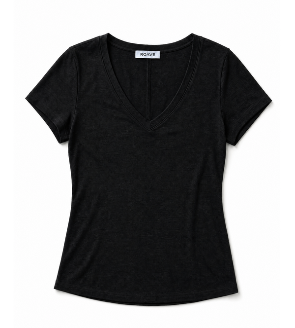 Women's Black Fitted Linen Blend V Necked T-Shirt