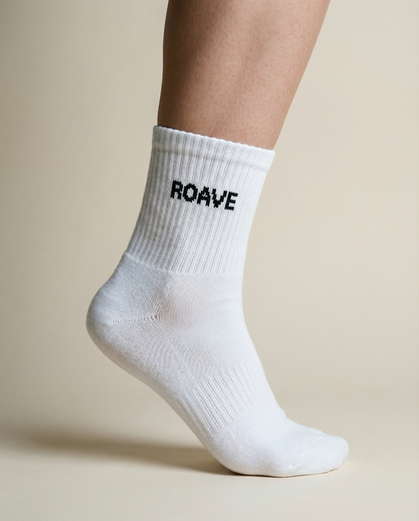 ROAVE Unisex Classic Short Ribbed White Crew Logo Socks *PRE-ORDER