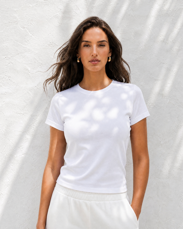 Women's White Short Sleeved Fitted Round Neck T-Shirt