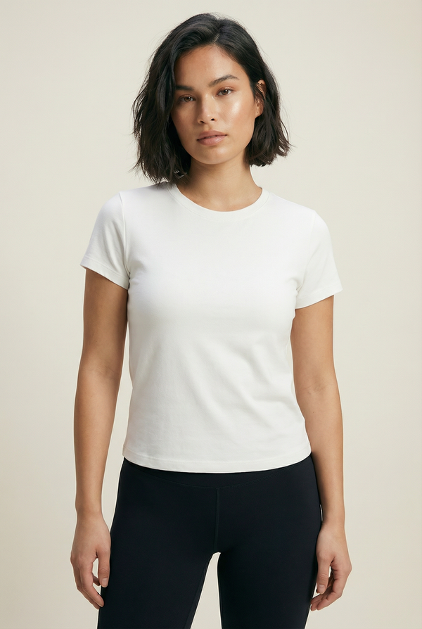 Women's White Short Sleeved Fitted Round Neck T-Shirt