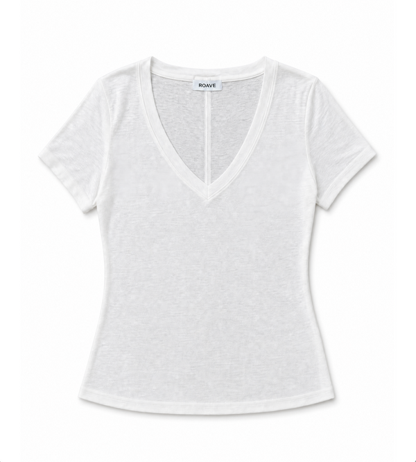Women's White Fitted Linen Blend V Necked T-Shirt